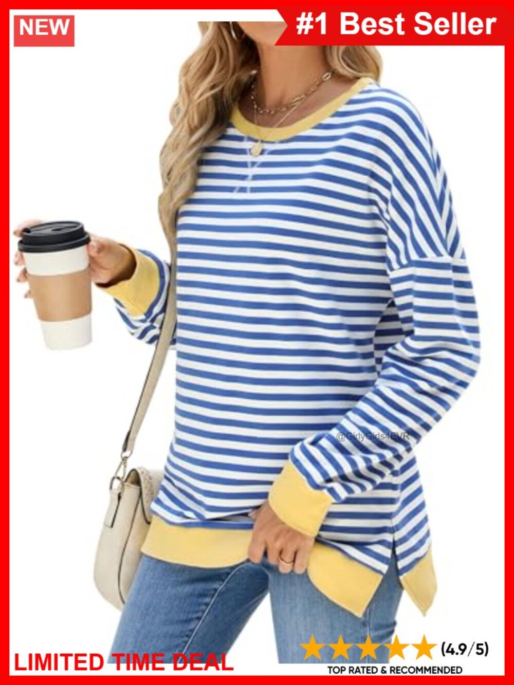 Womens Striped Tunic Top Long Sleeve Crewneck Side Slits Loose Fit